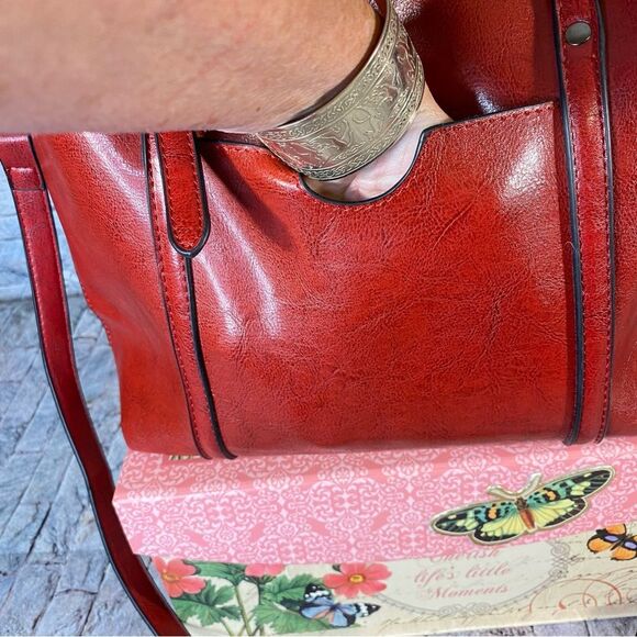 Popoti Red Leather Shoulder Bags Messenger Crossbody Tote with Adjustable Straps - Picture 4 of 13